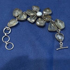 Vtg Smoky Quartz Hand Carved Sterling Silver Stamped 925 Flower Bracelet Pearl